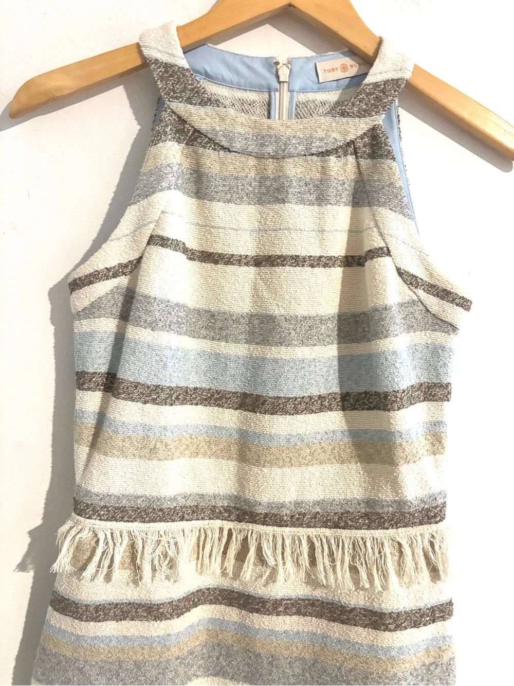 Tory Burch Sleeveless Tweed Dress Cream Grey Sky Blue Striped Fringe Trim Size 2